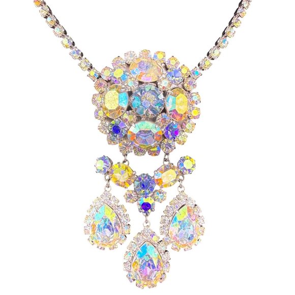 Weiss Womens Aurora Borealis Vintage Necklace & Earrings Set Silver Tone Rhinest - Picture 3 of 9